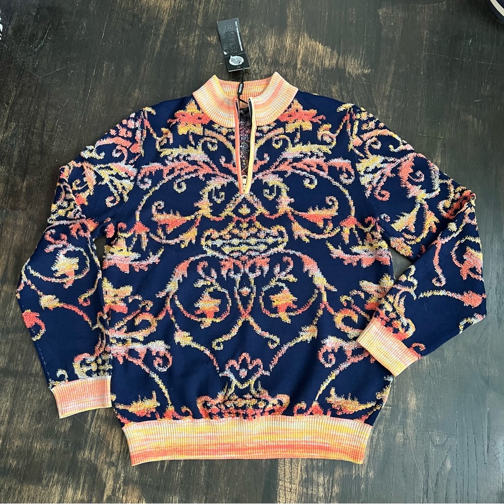 Men's Prestige 1/2 Zip Textured Polo Navy Orange Patterned Sweater Wool New L